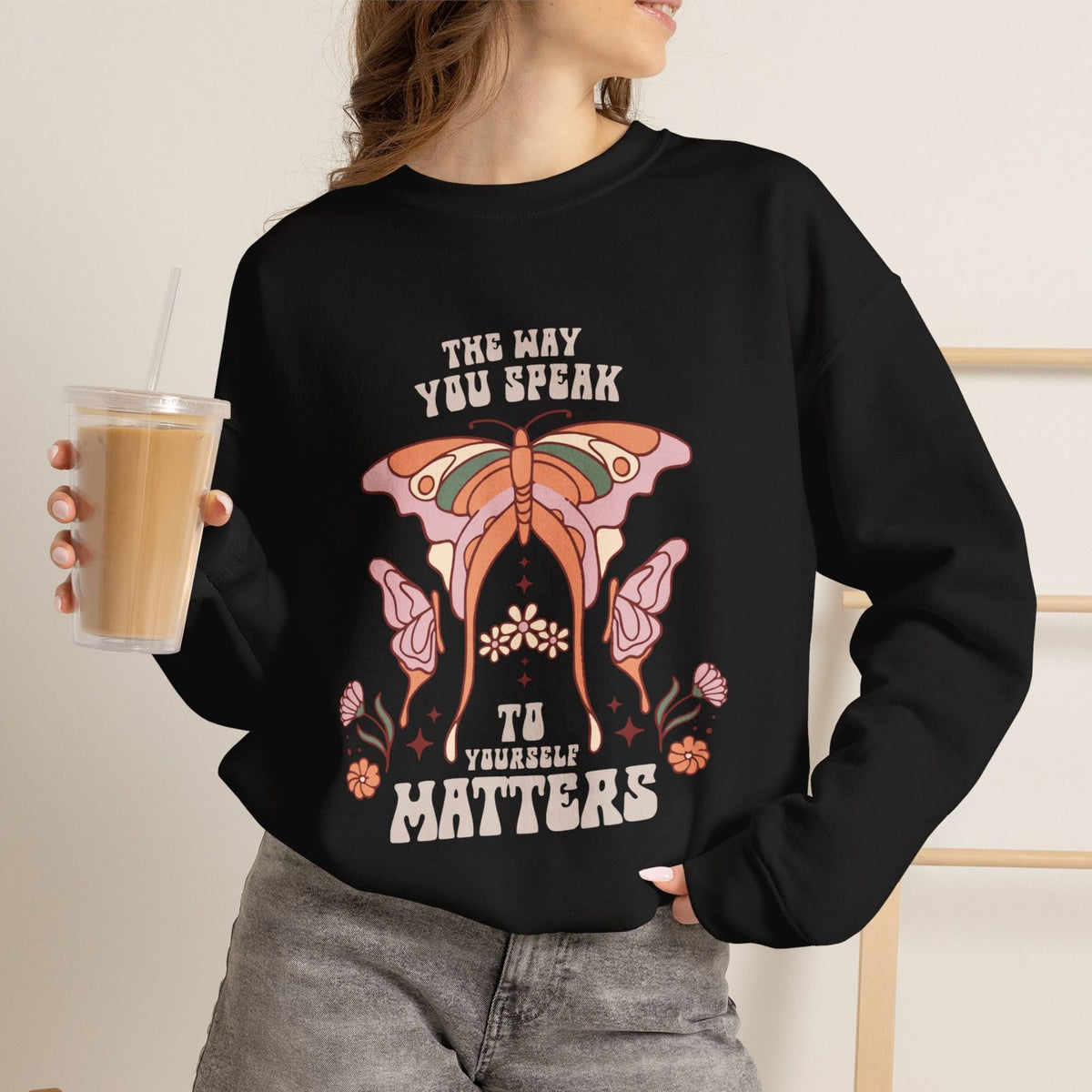 Self Love sweatshirt, front view on model (variant 2)