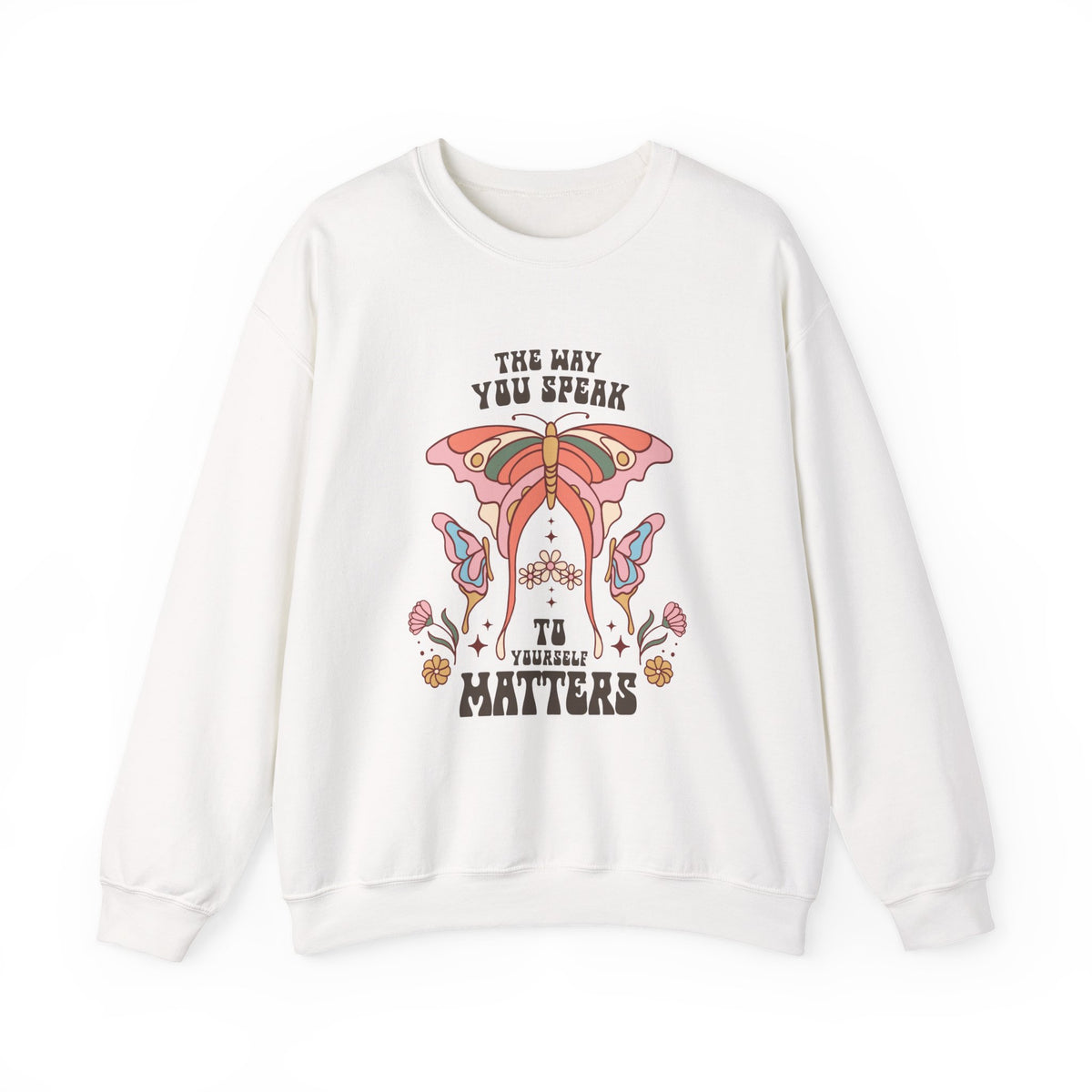 Self Love sweatshirt worn by a model, side view
