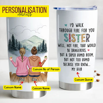 Stainless steel sister tumbler with mountain scene, custom names Bella, Chloe, Violet, and heartfelt humor.