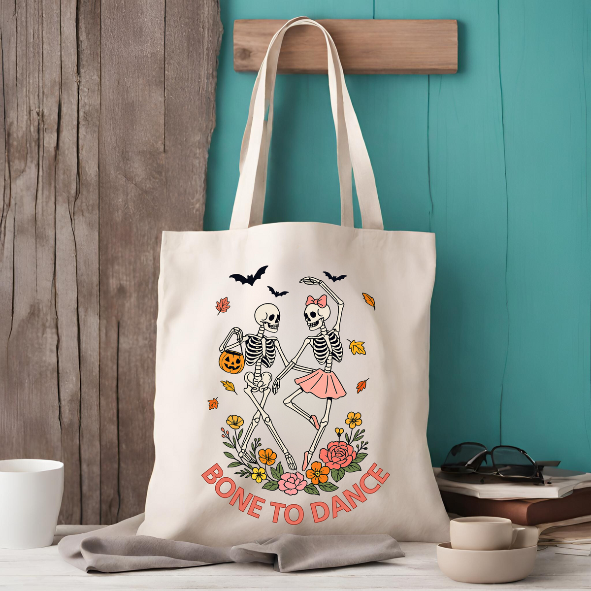 Skeleton tote bag from a side angle